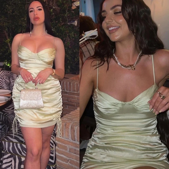 ✨NWT Zara Lime Green Satin Ruched Bustier Mini Dress Size XL Blogger Favorite - Picture 2 of 12